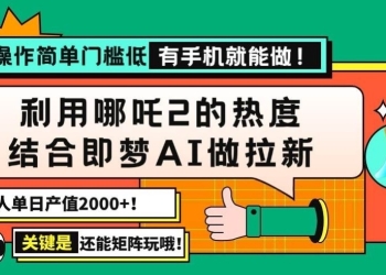 用哪吒2热度结合即梦AI做拉新，单日产值2000+，操作简单门槛低，有手机…