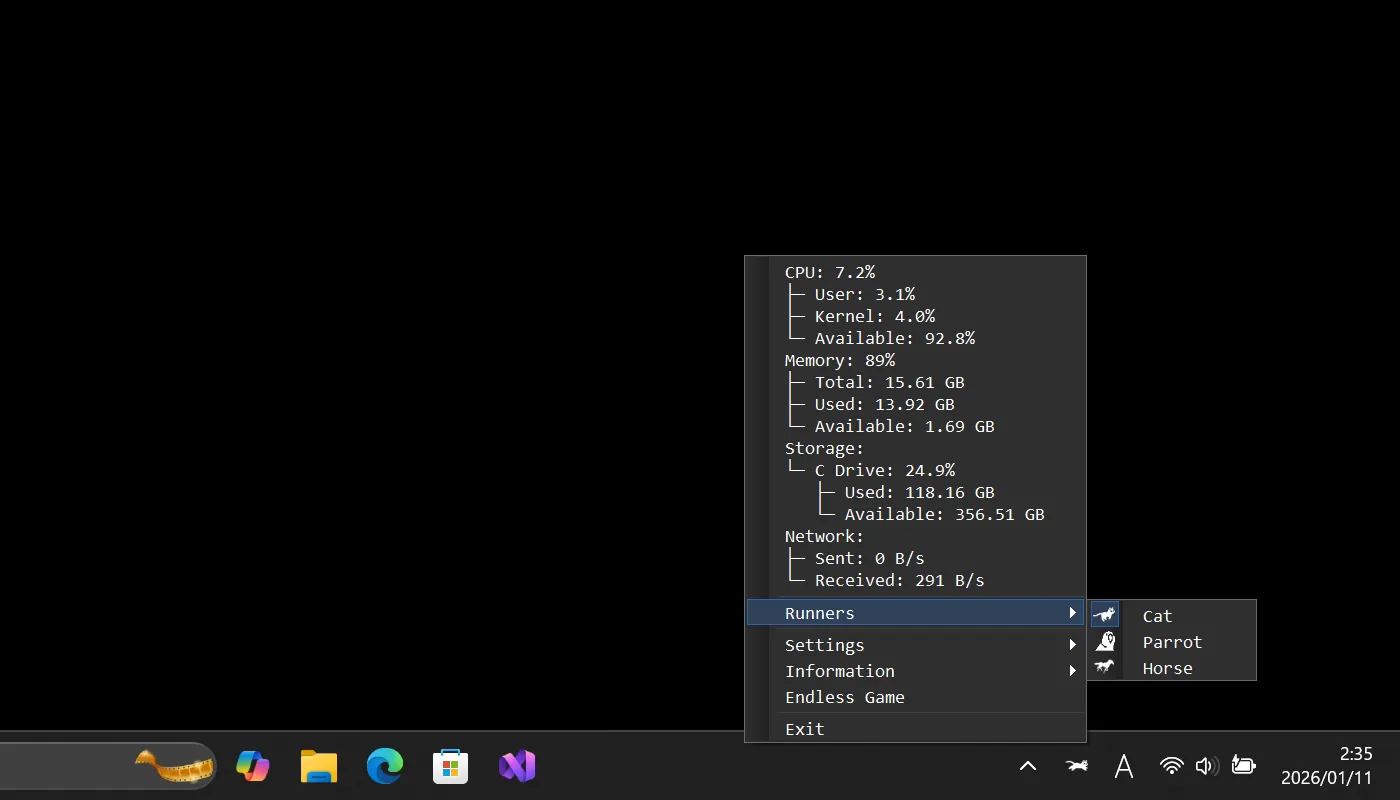 RunCat365可以在Windows任务栏上可爱的猫咪奔跑动画。